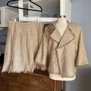AZADEH San Francisco Tweed Jacket & Pleated Skirt Suit 2 pc Fringe Size XL 12